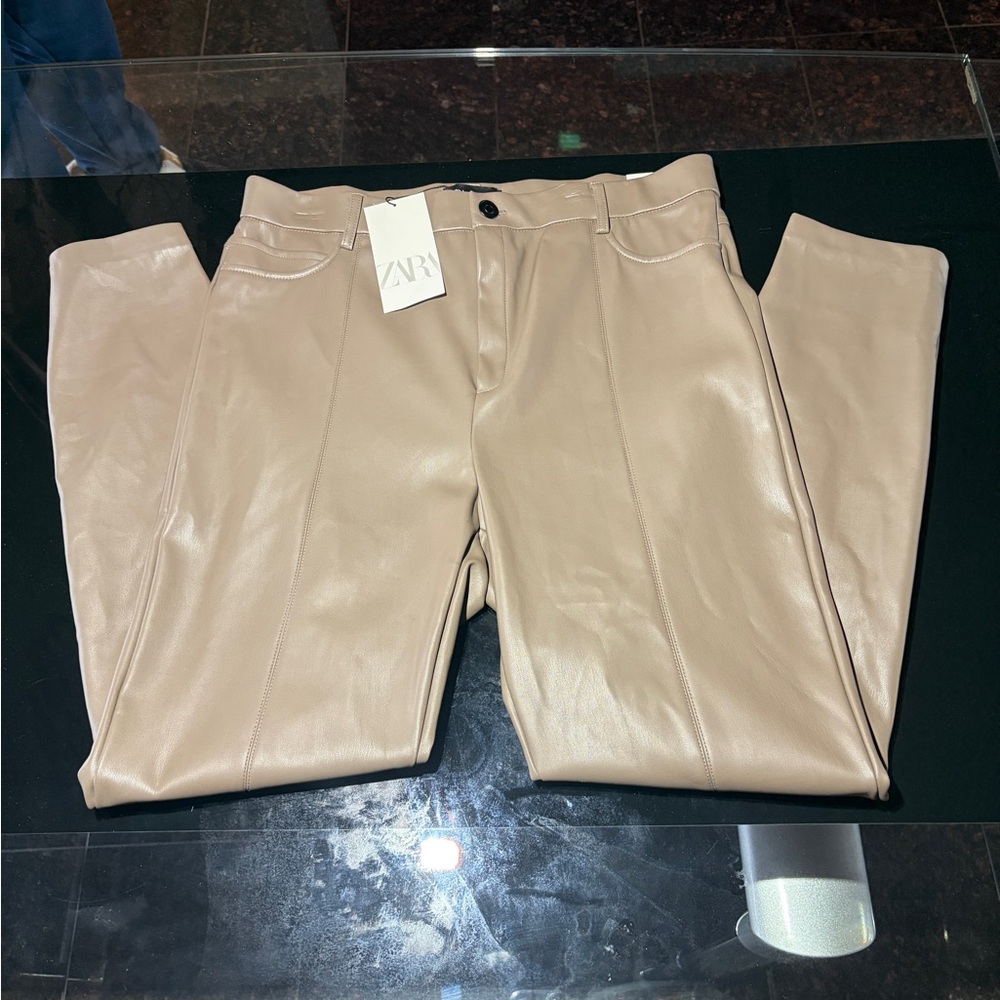 Zara Taupe Faux Leather Leggings stretch NWT